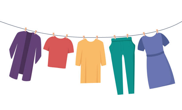 ilustrações de stock, clip art, desenhos animados e ícones de clothes on clothesline. clothes and accessories after washing on a rope. t-shirt, dress, trousers, blouse. flat vector illustration for housekeeping, cleanliness concept. - clothesline