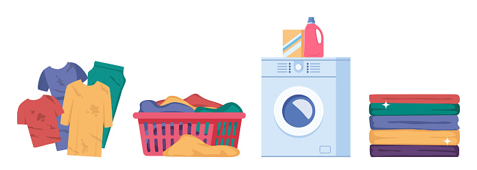 Cue Process Washing Laundry Infographics With Sequence Of Four Different Stages Of Washing ...