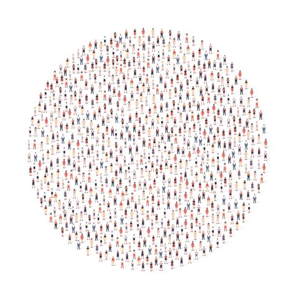 白い背景に孤立した円の形をしたシルエットがひしめき合った大勢の人々のグループ。ベクターイラストレーション - large group of objects点のイラスト素材／クリップアート素材／マンガ素材／アイコン素材