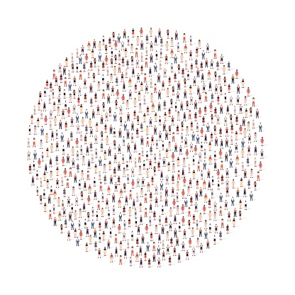 Large group of people different silhouette crowded together in circle shape isolated on white background. Vector illustration