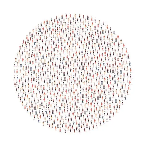 Vector illustration of Large group of people silhouette crowded together in circle shape isolated on white background. Vector illustration