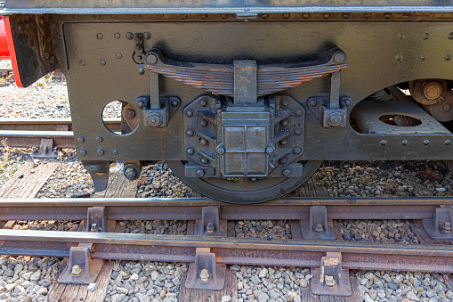 Old ruined steel passenger car. Rusty train on railway tracks.