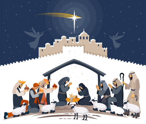 illustrazioni stock, clip art, cartoni animati e icone di tendenza di notte di natale. nascita di gesù. tre saggi. scena di natale e pastori. - nativity scene jesus christ three wise men christmas