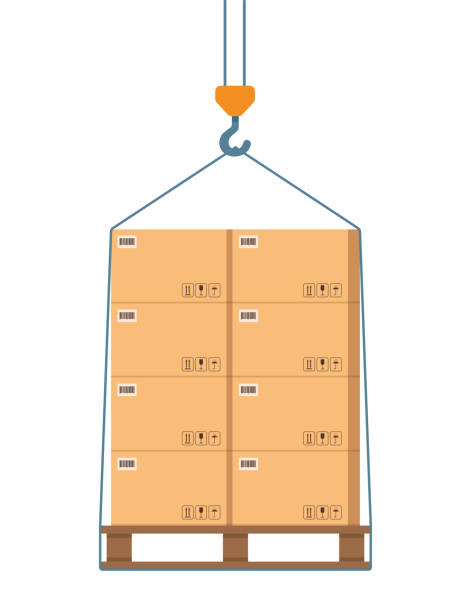 istock Boxes on a pallet are lifted with a crane hook. Beige cardboard closed box stack with fragile sign on wooden pallets, packaging cargo storage, industry shipment, shipping goods. Vector illustration. 1436189332
