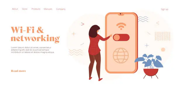 Vector illustration of Woman turns on mobile wi-fi network in smartphone. Public wireless cellphone internet in concept in flat vector design. Web banner layout template