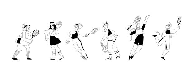 комплект теннисистов в спортивной одежде с ракетками и мячами в руках. коллекция линейных черно-белых изображений. - silhouette tennis racket tennis racket stock illustrations