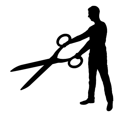 Vector silhouette of business man with scissors in hands. Business concept