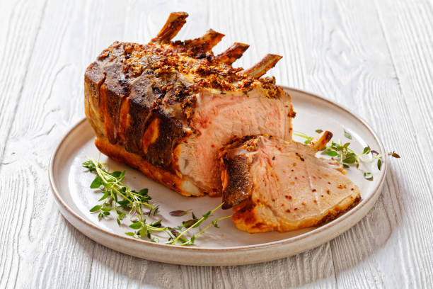 istock Standing Juicy Pork Rib Roast, top view 1436193222
