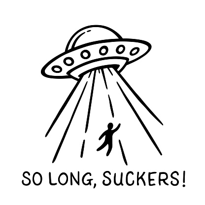 Funny alien UFO abduction meme. Flying saucer doodle drawing. Comical martian spaceship light beam abducting man. Vector illustration.