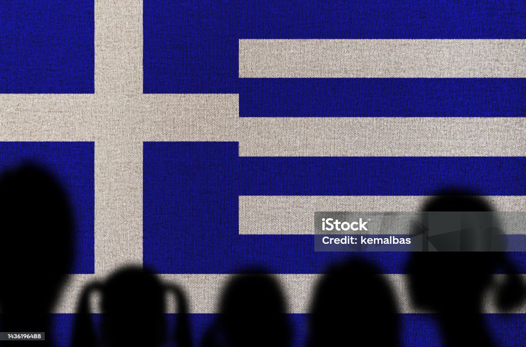 Silhouette People with Greek Flag Family with Greek Flag. Adult Stock Photo