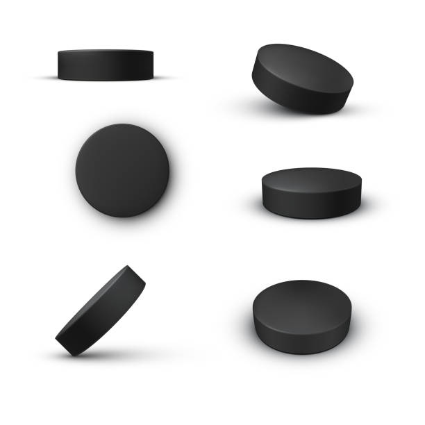 Black washers hockey puck front side back view set realistic vector ice game stadium play vector art illustration