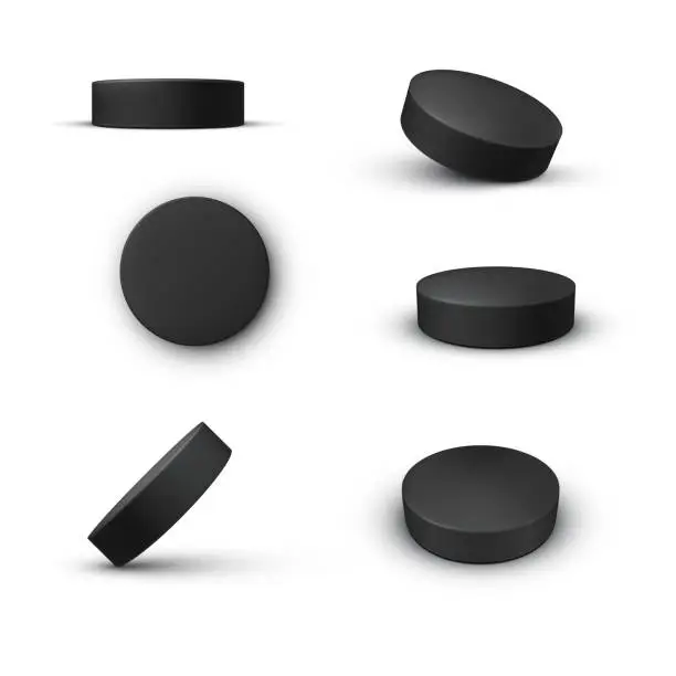 Vector illustration of Black washers hockey puck front side back view set realistic vector ice game stadium play