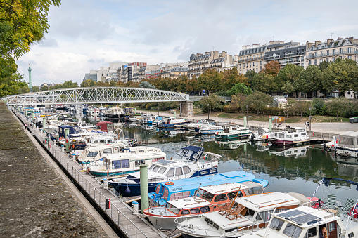Boats Moored in Bassin de l'Arsenal on the Canal Saint Martin, Paris, France