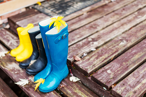 Yellow rubber boots with bouquet wildflowers. Top view.