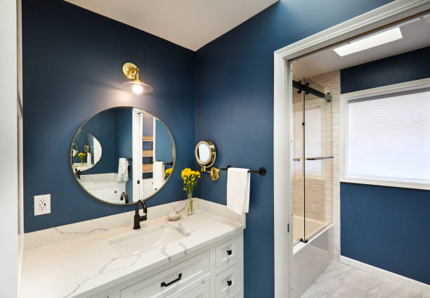 istock Contemporary Bathroom Design with Vanity and Shower Stall 1436203693