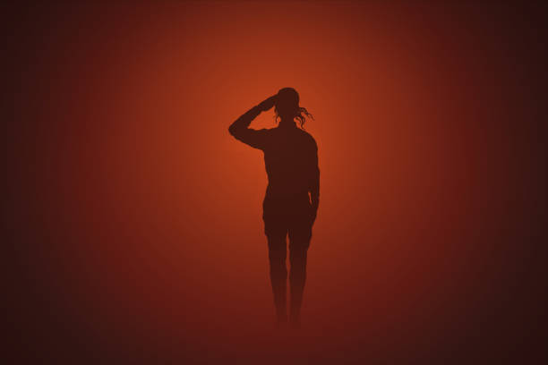 Woman soldier salutes Armed forces. Female silhouette in dark red fog female combat soldier stock illustrations