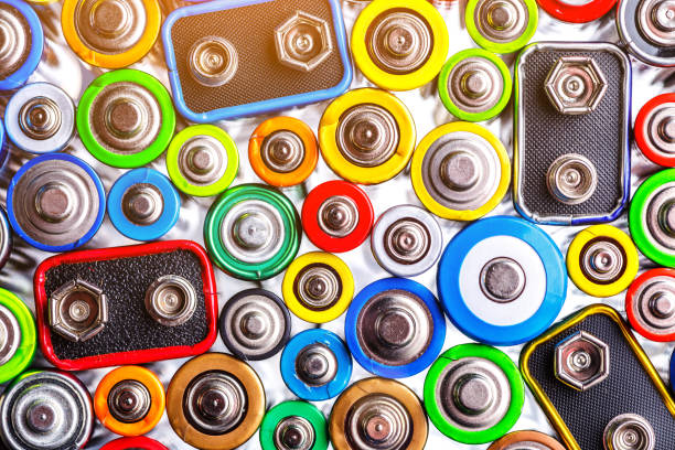 Energy abstract background of colorful batteries.Old used batteries ready for recycling.Used batteries from different manufacturers, waste, collection and recycling,Alkaline battery aa size. stock photo
