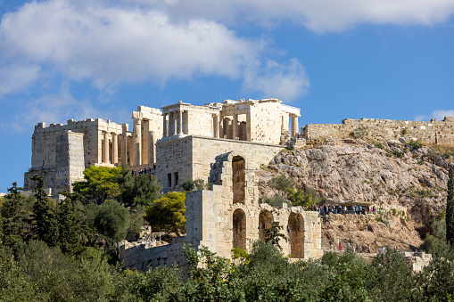 Athens, Greece - October 17, 2022: View of the Acropolis of Athens and the Theatre of Dionysus from Muse Hill