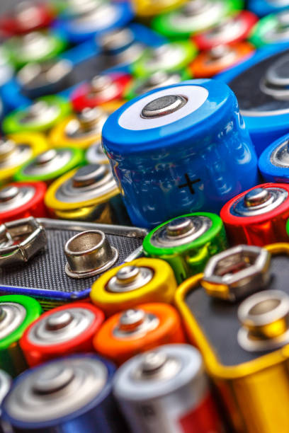 Energy abstract background of colorful batteries.Old used batteries ready for recycling.Used batteries from different manufacturers, waste, collection and recycling,Alkaline battery aa size. stock photo