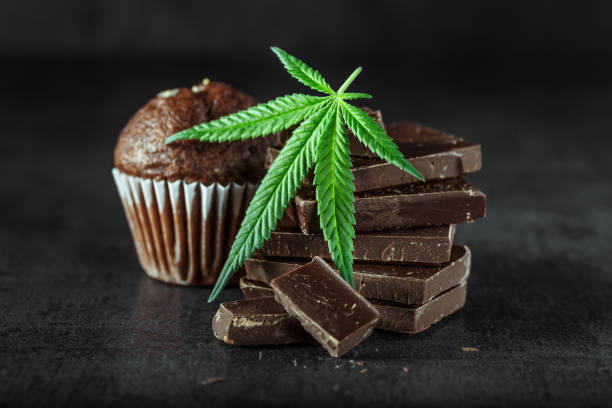 Cupcake with marijuana.traditional sponge cake with cannabis weed cbd. Medical marijuana drugs in food dessert, ganja legalization.Stack of chocolate slices with mint leaf on a wooden table. stock photo