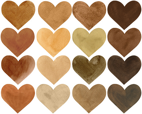 Watercolor set of brown hearts. protests. Valentine's Day decoration. Nude and neutral colors. Earthy color palette. Nursery clipart