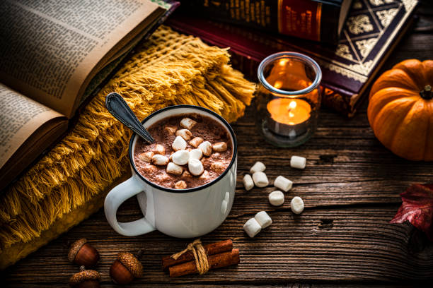istock Hot chocolate with marshmallows and Autumn decoration on rustic table 1436206983