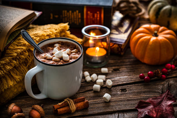 Hot chocolate mug  with marshmallows and Autumn decoration on rustic table