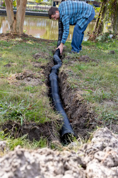 Young homeowner deals with drainage issues in his backyard - fotografia de stock