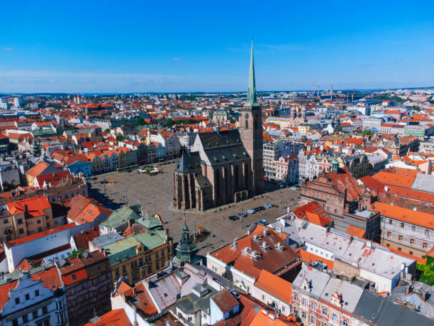 Aerial view of old town Plzen with Cathedral of St. Bartholomew in Czech Republic Aerial view of old town Plzen with Cathedral of St. Bartholomew in Czech Republic pilsen stock pictures, royalty-free photos & images