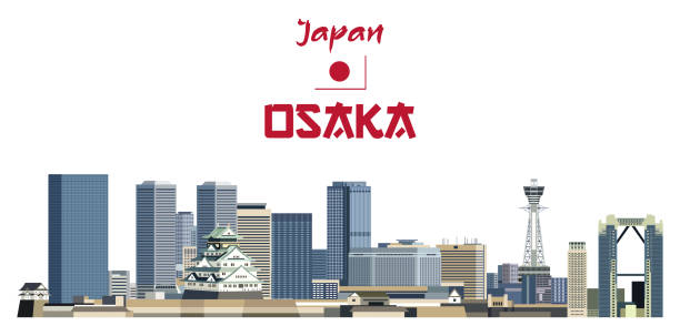 illustrations, cliparts, dessins animés et icônes de illustration vectorielle de la ligne d’horizon de la ville d’osaka - japanese flag flag japan japanese culture