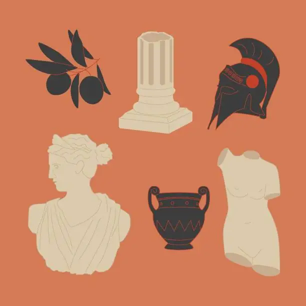 Vector illustration of Various antique statues. Woman's head, torso, gladiator's helmet, antique vase.