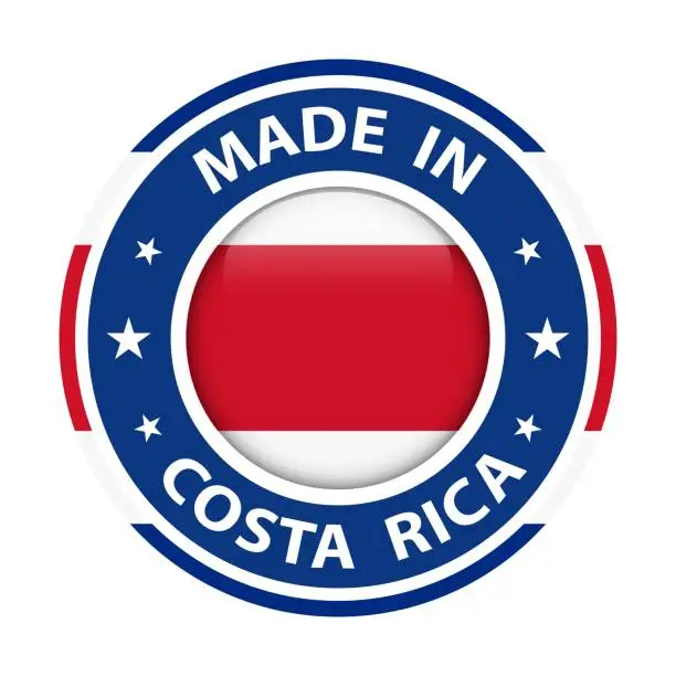 Vector illustration of Made in Costa Rica badge vector. Sticker with stars and national flag. Sign isolated on white background.