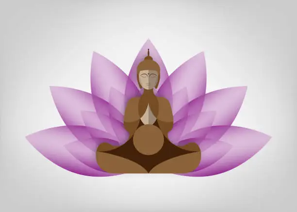 Vector illustration of Sitting Buddha over lotus flower. Esoteric vector illustration. Vintage decorative culture background. Modern stylized drawing. Indian, Buddhism, spiritual art. Tattoo, spirituality, Thai god, yoga
