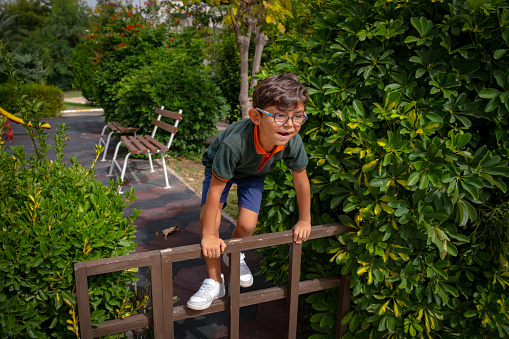 6-year-old boy. His school shirt is v-necked. The boy is on the fence, about to jump