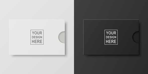 Vector 3d Realistic White and Black Blank Credit Card Paper or Plastic Wallet, Envelope, Packing Cower Isolated. Design Template for Mockup, Branding. Top View.
