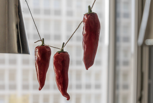 Three red Espelette peppers drying on a rope