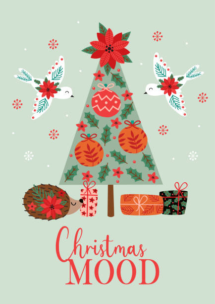 Greeting card with Christmas tree and animals vector art illustration