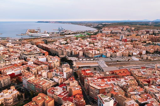 Aerial view of Alicante city with harbour in Costa Blanca Spain