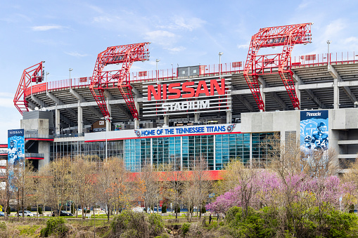 NASHVILLE, TN, USA - MARCH 28, 2021: Nissan Stadium is mainly home to the NFL's Tennessee Titans but also hosts other football and soccer games, concerts, and events. Located across Cumberland River.