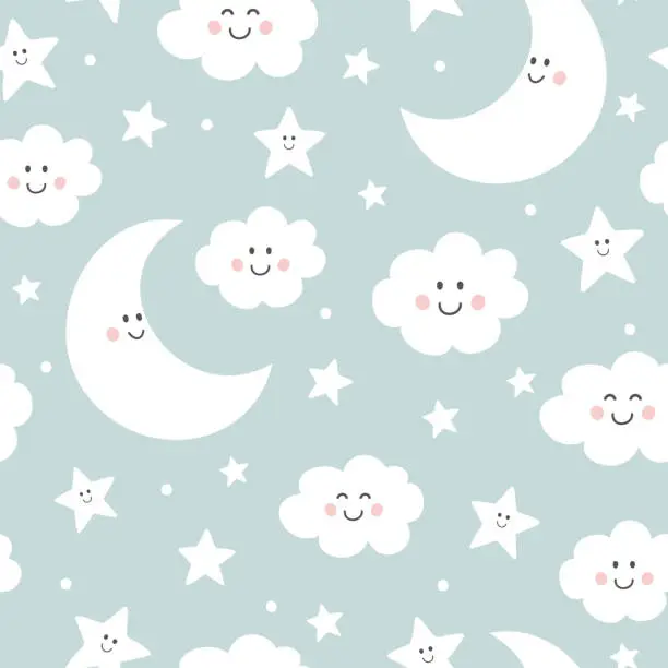 Vector illustration of Seamless pattern with cute moon, clouds and stars. Background for babies.