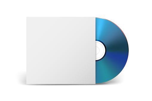 Vector 3d Realistic Blue CD, DVD with Paper Case Isolated on White. CD Box, Packaging Design Template for Mockup. Compact Disk Icon with Paper Cover, Front View