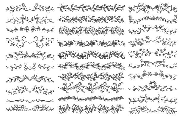 Floral embellishments, borders and dividers Floral embellishments. Borders and dividers. Wedding and invitation card floral embellishments, certificate flourish vector dividers with plant sprigs and flowers, herbs twigs, leaves and buds embellishment stock illustrations