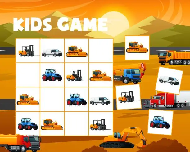 Vector illustration of Sudoku game with construction machinery, transport