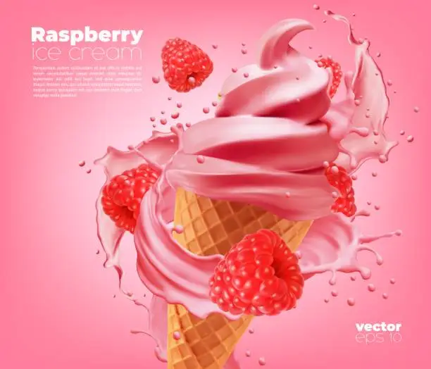 Vector illustration of Raspberry soft ice cream cone with milk splash