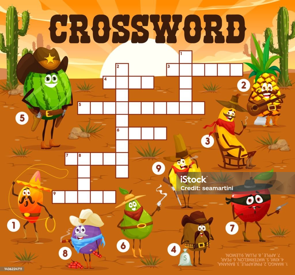 Ilustración de Juego De Preguntas De Crucigramas De Vaqueros De Frutas Ilustración de Juego De Preguntas De Crucigramas De Vaqueros De Frutas