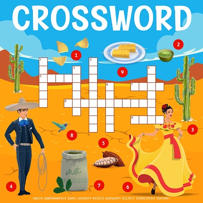 Mexican food and people in national costumes, crossword grid worksheet, vector find word quiz. Crossword riddle to guess word of Mexican matador, cocoa and hummingbird with corn and nachos or cactus