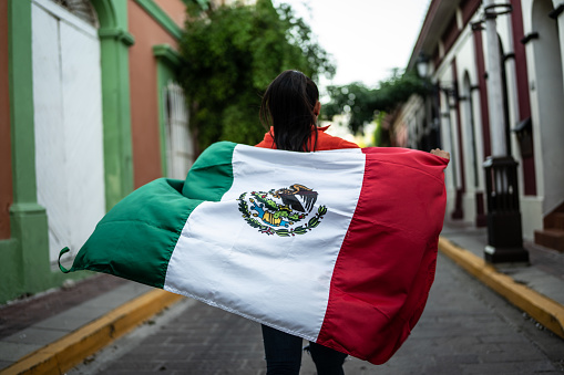 Flag of Mexico over blue cloudy sky