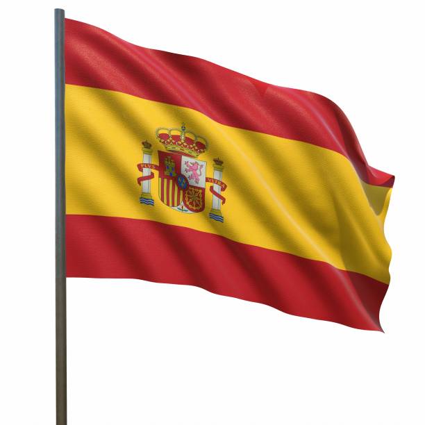 istock flag of Spain waving in the wind on a white background 3d-rendering 1436226091