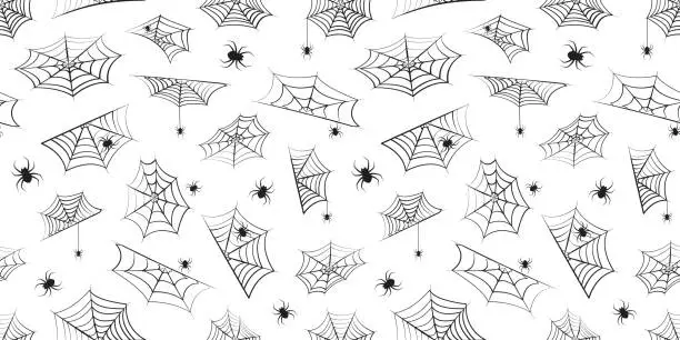 Vector illustration of Spider and cobweb, Halloween seamless pattern, spooky web and horror net vector background. Scary texture. Creepy illustration