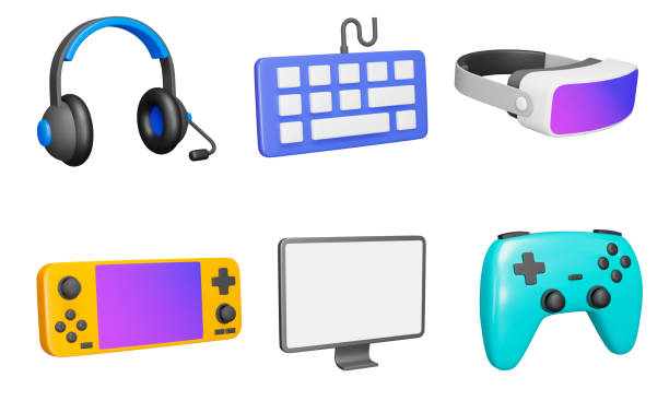 ilustrações de stock, clip art, desenhos animados e ícones de gaming 3d icon set. gaming and multimedia. game console and accessories. headphones, keyboard, vr glasses, console, monitor, gamepad. isolated icons, objects on a transparent background. vector illustration - video game pc sign portable information device